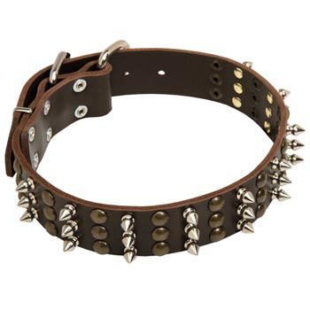 American Bulldog Handmade Leather Collar 3  Studs and Spikes Rows