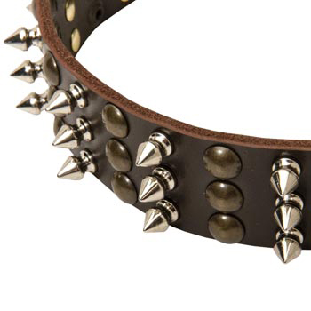 3 Rows of Spikes and Studs Decorative American Bulldog  Leather Collar