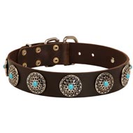 Leather American Bulldog Collar with Blue Stones for Stylish Walking