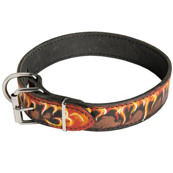 Buckle Leather Dog Collar with Fire Flames for American Bulldog