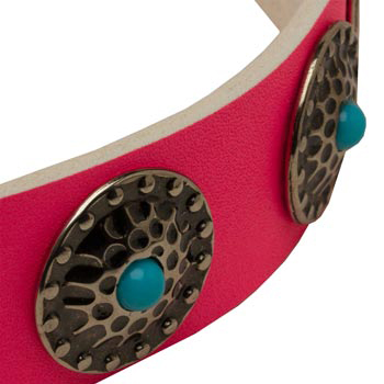 Pink American Bulldog Collar Leather with Blue Stones