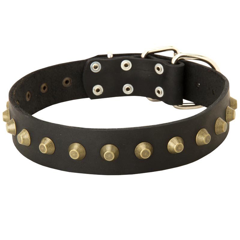 Leather American Bulldog Collar with Brass Pyramids