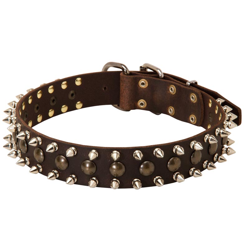 3 Rows Leather Spiked and Studded American Bulldog Collar