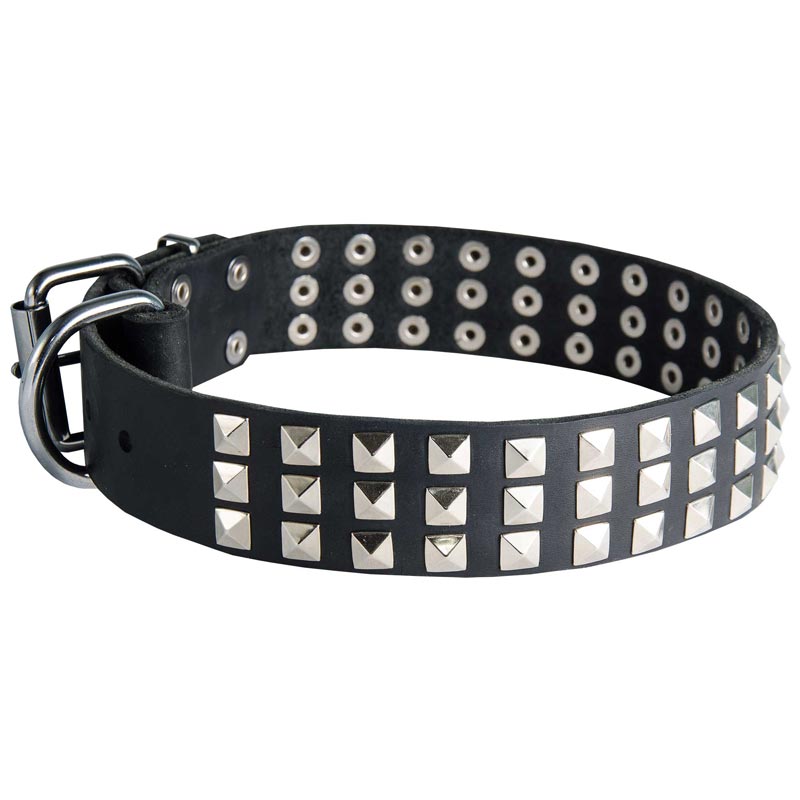 Leather American Bulldog Collar with 3 Rows of Nickel Pyramids - Click Image to Close
