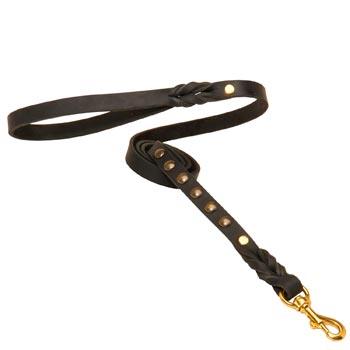 Strong Black Leather American Bulldog Leash Fashion Studs Adorned